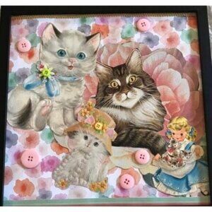 Kitty Cats Pastel Floral Framed Handmade Collage Wall Art Vintage Retro Pets